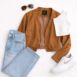 DYNAMITE Camel Faux Suede Cropped Blazer • Minimalist Jacket